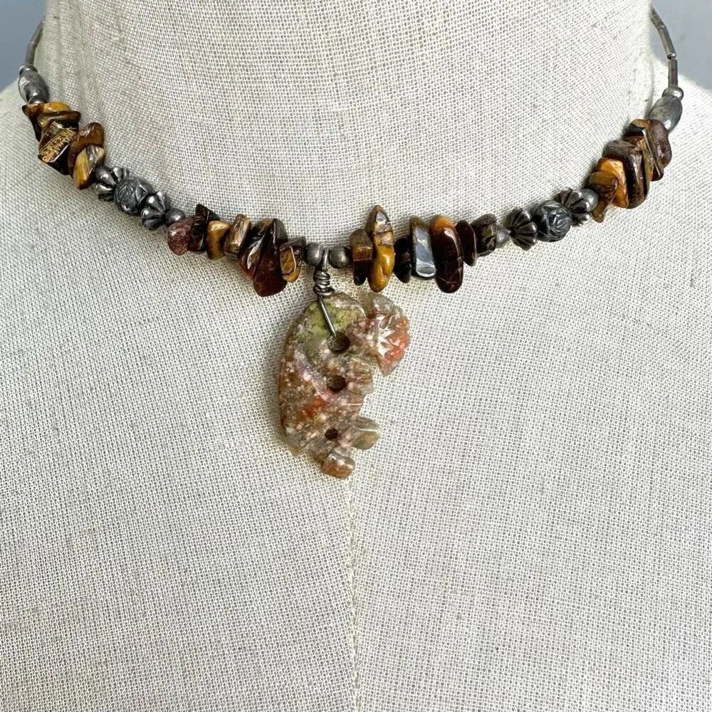 kokopelli unakite and tigers eye choker necklace